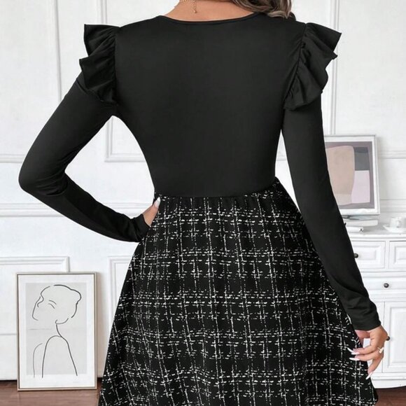 Women's Dress Patchwork Tweed Tight A Hem Waisted Long Sleeve - NWT - Picture 3 of 5